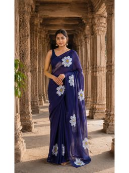 AMRUTKALA SAREES - Navy Blue Linen Floral Printed Saree