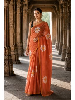 AMRUTKALA SAREES - Orange Linen Floral Printed Saree