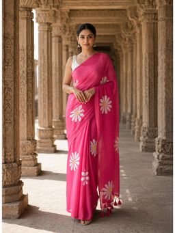 AMRUTKALA SAREES - Pink Linen Floral Printed Saree