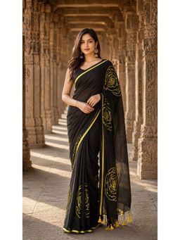 AMRUTKALA SAREES - Black Linen Floral Printed Saree