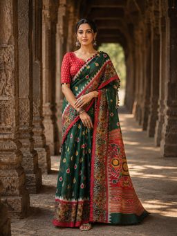 AMRUTKALA SAREES - Green Linen Paisley Printed Saree