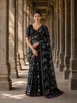 AMRUTKALA SAREES - Black Linen Floral Printed Saree