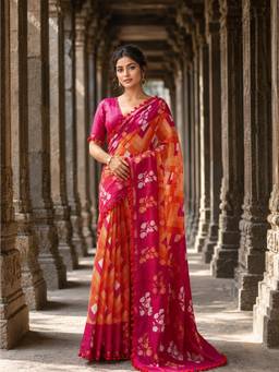 AMRUTKALA SAREES - Orange Linen Floral Printed Saree