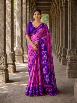 AMRUTKALA SAREES - Pink Linen Floral Printed Saree