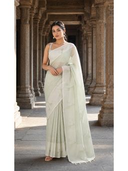 AMRUTKALA SAREES - Green Linen Geometric Printed Saree