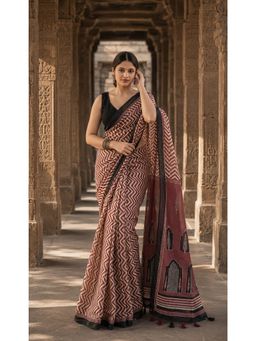 AMRUTKALA SAREES - Brown Linen Geometric Printed Saree