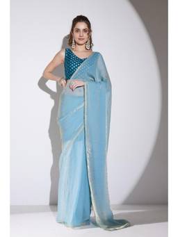 RACHNA - Blue Satin Embellished Lace Work Ready To Wear Saree