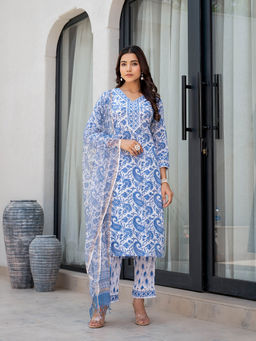 Divena - Sky Blue Hand block Floral Print Kurta with Pant and Dupatta (Set of 3)