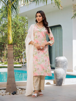 Divena - Multi-Color Embroidered Muslin Kurta with Pant and Dupatta (Set of 3)