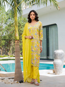 Divena - Yellow Embroidered Muslin Kurta with Palazzo and Dupatta (Set of 3)