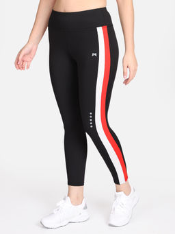Muscle Torque - High Waist Gym/yoga Tight White & Red Side Stripe - Black