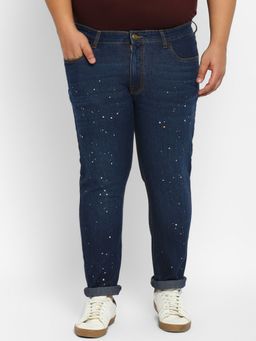 Urbano Plus - Men Midnight Blue Regular Fit Washed Printed Jeans Stretchable
