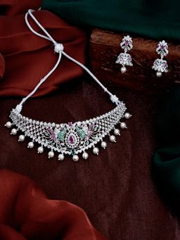 Estele - Rhodium Plated Cz Peacock Designer Bridal Choker Necklace With Pearls For Women (Set of 2)