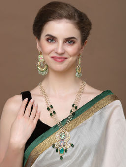 Dugran By Dugristyle - Green & Gold Drop Earrings with Kundan & Pearls