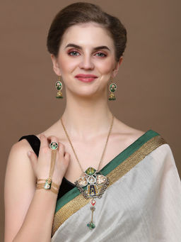 Dugran By Dugristyle - Green & Gold Jhumka Earrings with Kundan & Pearls