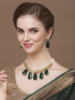 Dugran By Dugristyle - Green & Gold Drop Earrings with Kundan & Pearls