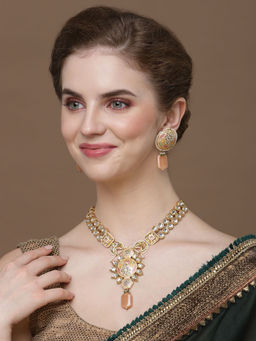 Dugran By Dugristyle - Peach & Gold Drop Earrings with American Diamonds & Pearls