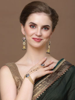 Dugran By Dugristyle - Blue & Gold Jhumka Earrings with Kundan & Pearls