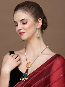 Dugran By Dugristyle - Green & Gold Jhumka Earrings with Pearls & Natural Stones