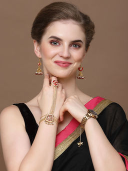 Dugran By Dugristyle - Red & Gold Adjustable Hathphool with Kundan & Pearls