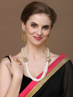 Dugran By Dugristyle - Grey & Green Adjustable Ring with Kundan & Pearls