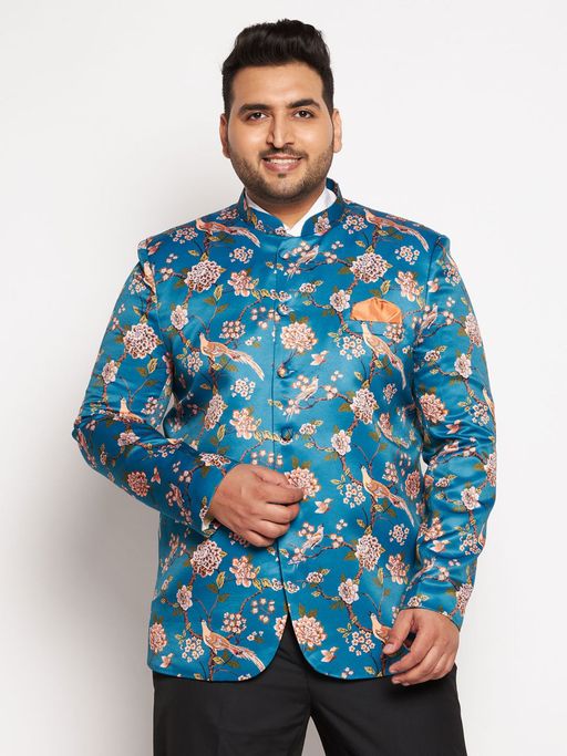 Vastramay Men's Turquoise Blue Printed Jodhpuri