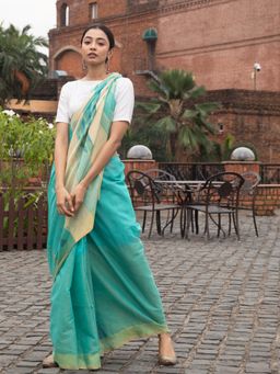 Beatitude - Sea Green Blended Cotton Saree With Unstitched Blouse