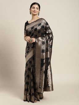 Sareemall - Women Cotton Blend Black Designer Saree with Unstitched Blouse