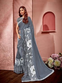 Odette - Grey Lycra Fancy Net Designer Saree with Unstitched Blouse