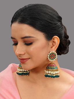 Designbox - Gold Tone Traditional Jhumka with Green - Red Kemp Stones and Pearls