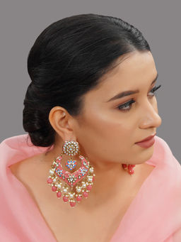 Designbox - Over-Sized Peach Meenakari Earrings with Beads and Pearls