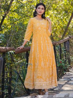 Juniper - Yellow Floral Printed Georgette Maxi Dress with Beads Kantha Work & Sequins At Neckline