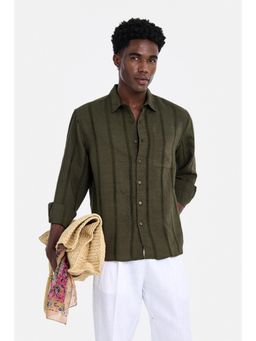 Snitch - Olive Textured Full Sleeves Regular Semi Casual Shirt for Men