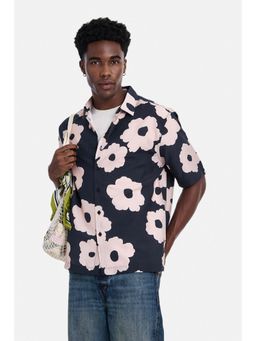 Snitch - Navy Floral Half Sleeves Boxy Casual Shirt for Men