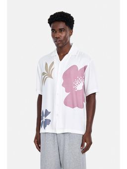 Snitch - White Floral Half Sleeves Oversized Shirt for Men