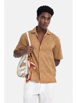 Snitch - Brown Textured Half Sleeves Boxy Shirt for Men