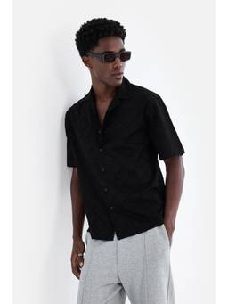 Snitch - Black Textured Half Sleeves Boxy Shirt for Men