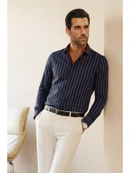 Snitch - Navy Stripes Full Sleeves Slim Semi Formal Shirt for Men