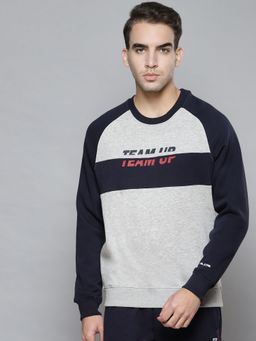 Alcis - Men Grey Melange Navy Blue Sweatshirt With Print Detail