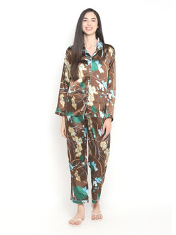 Shopbloom - Big Flower Print Satin Long Sleeve Women'S Night Suit - Brown