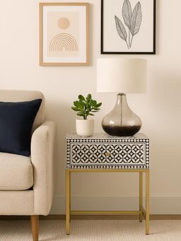 JABRIX - Bone Inlay Bedside Table With Gold Legs - Geometric Floral