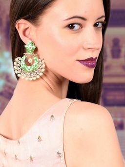 Odette - Women Gold Tone Light Green White Tinted Kundan Pearl Dangle Earrings