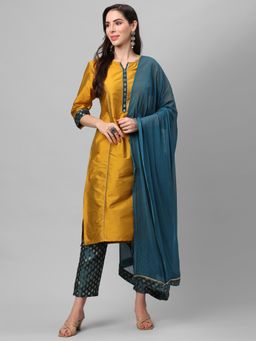 Shree - Women Poly Viscose Mustard Solid Kurta With Trouser & Dupatta (Set Of 3)
