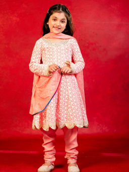 JILMIL - Girls Neon Pink Chikankari Suit (Set of 3)