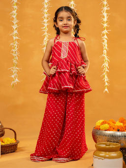 JILMIL - Red Printed Tie-Up Straps Peplum Top with Palazzo (Set of 2)