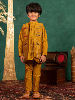 JILMIL - Boys Mustard Silk Kurta & Pyjama with Handwork Acrylic Bundi Jacket