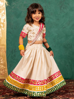 JILMIL - Girls Off White Elbow Sleeve Top and Lehenga with Georgette Dupatta