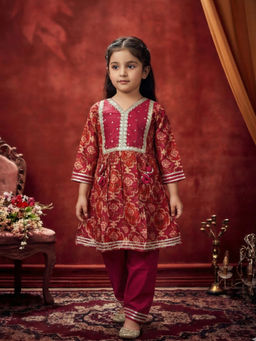 JILMIL - Girls Red Cotton Printed Anarkali with Pant