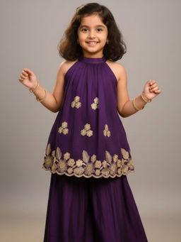 JILMIL - Girls Embroidered Purple Flared Top and Palazzo