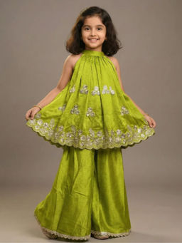 JILMIL - Girls Embroidered Green Flared Top and Palazzo